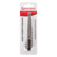 Универсальный нож BRAUBERG Metallic 9 мм, металлический корпус, рифленый, автофиксатор, блистер 236971