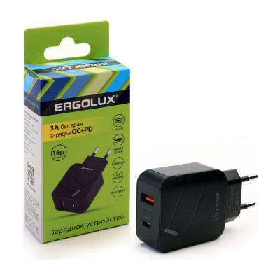 Ergolux Elx-рa01qc-c02 (сетевой адаптер 1usb+1type c, 100-220в, 5-9v/3а, qc, черный, коробка) 15108