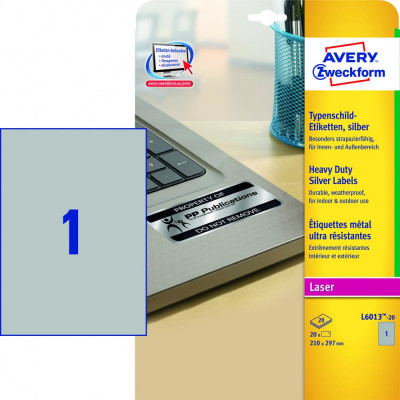 Avery Zweckform Сам-ся этикетки серебристые полиэстер 210x297 мм 20 шт.арт. L6013-20