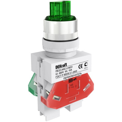 Переключатель Dekraft ПЕ-22, LED, 24 В, 10 А, IP54, зеленый 25072DEK