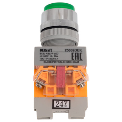 Выключатель кнопочный Dekraft ВК-22, 10 А, IP54, LED, 24 В, зеленый 25069DEK