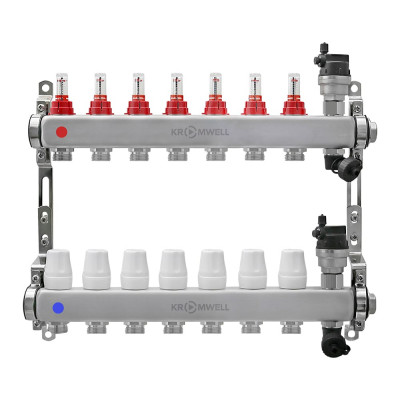 Коллекторный блок KROMWELL из нерж. cтали с расходомерами, в комплекте 1", 7x3/4", "евроконус" KW.SM6000675