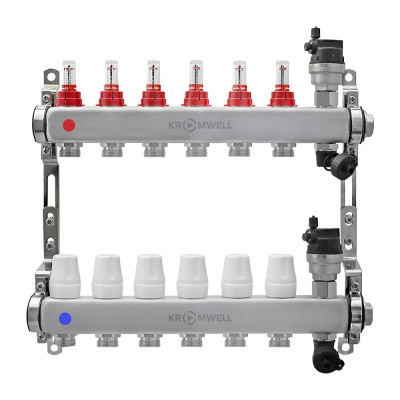 Коллекторный блок KROMWELL из нерж. cтали с расходомерами, в комплекте 1", 6x3/4", "евроконус" KW.SM6000665