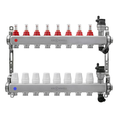 Коллекторный блок KROMWELL из нерж. cтали с расходомерами, в комплекте 1", 8x3/4", "евроконус" KW.SM6000685