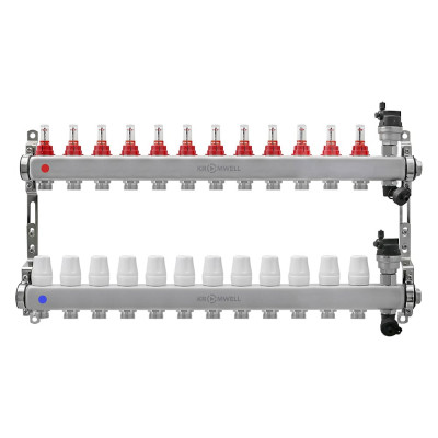 Коллекторный блок KROMWELL из нерж. cтали с расходомерами, в комплекте 1", 12x3/4", "евроконус" KW.SM6006125