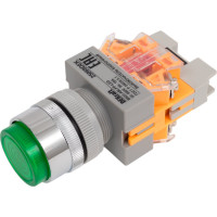 Выключатель кнопочный Dekraft ВК-22, 10 А, IP54, LED, 24 В, зеленый 25069DEK