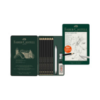 Набор чернографитных карандашей Faber-Castell матовых pitt graphite matt hb, 2b, 4b, 6b, 8b, 10b, 12b, 14b, заточенные, ластик, металлическая точилка, растушевка, металлическая коробка 115220