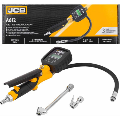 JCB Пистолет для подкачки шин с цифровым манометром, шлангом и жестким удлинителем 0-14бар, Psi-бар-Кпа-кг/см?, шланг 350мм, жесткий удлинитель 150мм JCB-A612(58320)