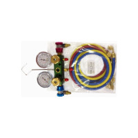 Алюминиевый блок манометров для фреона R12, R22, R134А (2 крана, 3 цветных шланга 60х1/4) FORCE 9G4102