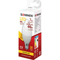 Светодиодная лампа SONNEN 7 Вт, цоколь Е14, свеча, теплый белый свет, LED C37-7W-2700-E14, 453711