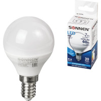 Светодиодная лампа SONNEN 7 Вт, цоколь Е14, шар, холодный белый свет, LED G45-7W-4000-E14, 453706