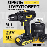 Аккумуляторная дрель-шуруповёрт TECHNICOM 20В, 2Ач, 2-13мм диаметр патрона, 2 скорости 0-400/0-1500 об/мин, 25+1 ступеней крутящего момента TC-CD797