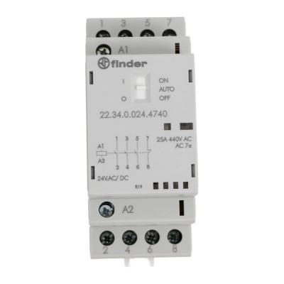 Модульный контактор Finder 3НО+1НЗ, контакта 25А, = 24В AC/DC, - AgSnO2, 223400244740