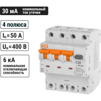 Автоматический выключатель дифференциального тока TDM ELECTRIC АВДТ 63 4P(3Р+N) C50 30мА 6кА тип А SQ0202-0052