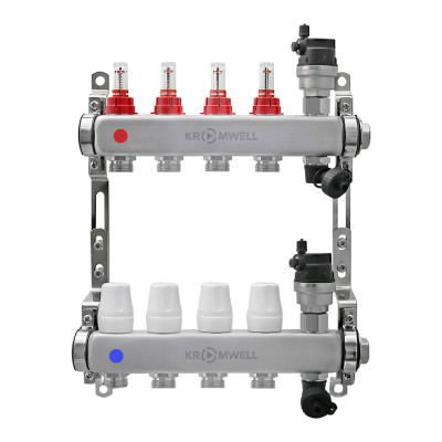 Коллекторный блок KROMWELL из нерж. cтали с расходомерами, в комплекте 1", 4x3/4", "евроконус" KW.SM6000645