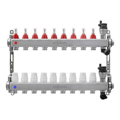 Коллекторный блок KROMWELL из нерж. cтали с расходомерами, в комплекте 1", 9x3/4", "евроконус" KW.SM6000695