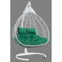 Подвесное двухместное кресло-кокон Лаура FISHT белое + белый каркас, подушка зеленая FIS 208