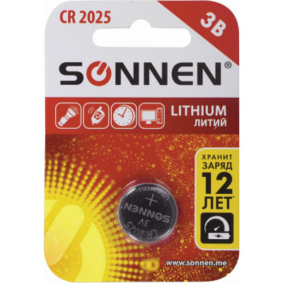 SONNEN Батарейка Lithium, CR2025, 1 шт., в блистере, 451973