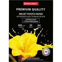 Фотобумага BRAUBERG PREMIUM суперглянцевая, А4, 260 г/м2, односторонняя, 20 листов 364004