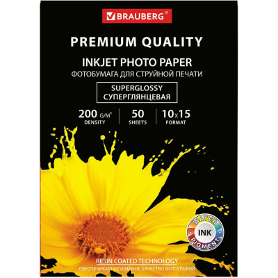Фотобумага BRAUBERG PREMIUM суперглянцевая, 10x15 см 200 г/м2, односторонняя, 50 листов 363998