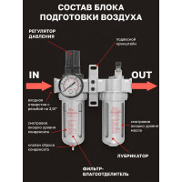 Блок подготовки воздуха 3/8" фильтр-регулятор + лубрикатор 10Мк, 1000 л/мин Forcekraft  FK-AFRL803(54407)