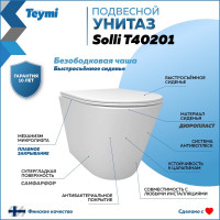 Подвесной унитаз Teymi Solli безободковый, сиденье микролифт T40201 ЦБ-00259927