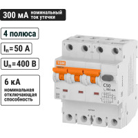Автоматический выключатель дифференциального тока TDM ELECTRIC АВДТ 63 4P(3Р+N) C50 300мА 6кА тип А SQ0202-0054
