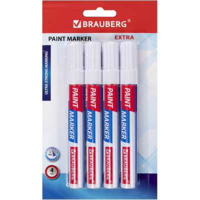 Лаковый маркер-краска BRAUBERG EXTRA paint marker 4 мм, БЕЛЫЕ, НАБОР 4 шт., 152000