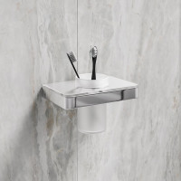 Стакан для зубных щеток Lemark GLASS LINE с держателем, хром/белое стекло 9731034