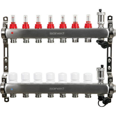 Коллектор для теплого пола SANEXT с расходомерами, автоматический в/о и дренаж., ДУ25, ВР1"х 7 контуров НР 3/4" 8527-1