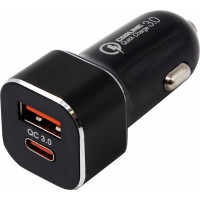 Автомобильный адаптер CARLINE 2хUSB (USB QC 3.0 + PD Type C), в прикуриватель 12/24 В, цвет черный, упаковка коробка CH-2U-TC