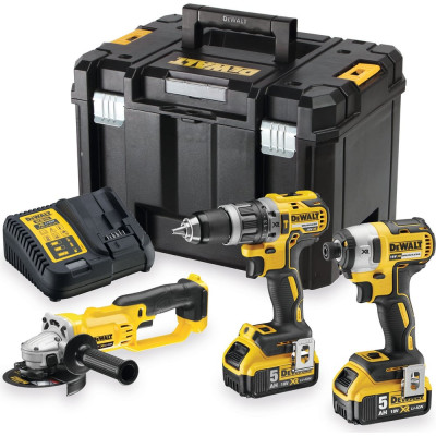 Dewalt Набор электроинструмента 18 В: дрель-шуруповерт DCD796, шуруповерт DCF887 и УШМ DCG412, с 2 АКБ 5 Ач и ЗУ, в кейсе TSTAK, (DCK383P2T) DCK383P2T-QW