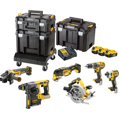 Dewalt Набор электроинструмента 18 В: перфоратор + дисковая пила + УШМ + дрель + шуруповерт + реноватор, с 3 АКБ 5 Ач и ЗУ, в 3 кейсах TSTAK, (DCK685P3T) DCK685P3T-QW