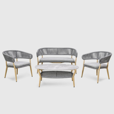 Комплект мебели для сада ООО "Фотон" Konway SAMOS, диван + 2 кресла + стол, роуп серый/алюминий имитация дерева, для дачи, сауны, бассейна, веранды E1169