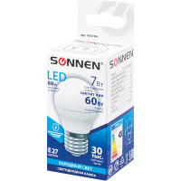 Светодиодная лампа SONNEN 7Вт, цоколь E27, шар, холодный белый свет, LED G45-7W-4000-E27, 453704