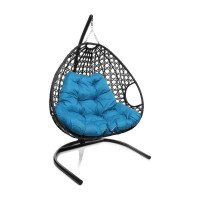 Подвесное кресло M-GROUP ДЛЯ ДВОИХ ЛЮКС с ротангом чёрное, голубая подушка 11510403
