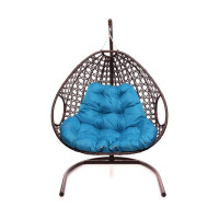 Подвесное кресло M-GROUP ДЛЯ ДВОИХ ЛЮКС с ротангом коричневое, голубая подушка 11510203