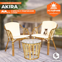 Комплект террасный Tetchair ANDREA (стол кофейный со стеклом + 2 кресла + подушки) ротанг, 64x67x92см / D60x55, Pecan Washed (античн. орех) 12994