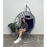 Подвесное кресло-кокон Лаура FLATA серый + каркас, подушка синяя FLT-210