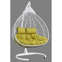 Подвесное двухместное кресло-кокон Лаура FISHT белое + белый каркас, подушка салатовая рогожка №7 FIS 203