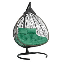 Подвесное двухместное кресло-кокон Лаура FISHT горячий шоколад + коричневый каркас, подушка зеленая FIS 408