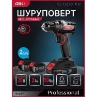 Дрель-шуруповерт аккумуляторная DELI DE-DZ20-1D2 (2 акб, 20В х 2Ач, ЗУ, патрон 10мм, 50Нм, сумка) 164326
