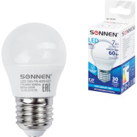 Светодиодная лампа SONNEN 7Вт, цоколь E27, шар, холодный белый свет, LED G45-7W-4000-E27, 453704