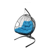 Подвесное кресло M-GROUP ДЛЯ ДВОИХ с ротангом чёрное, голубая подушка 11450403