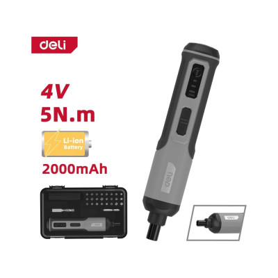 DELI Отвертка аккумуляторная DC161 (4В х 2Ач, 5Нм, 300об/мин, Type-C, набор бит 24 шт, кейс) 162802