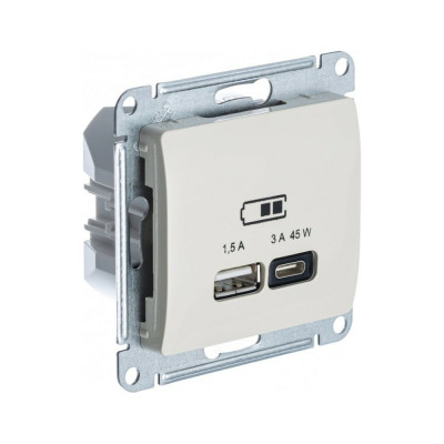 Systeme Electric ( Schneider Electric) Glossa usb розетка a + тип-c 45w высокоскор.заряд. qc, pd, механизм, молочный GSL000929