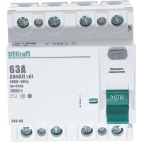 Выключатель дифференциального тока (ВДТ) DEKraft  УЗО-03 4 Р, 63 А, 30 мА, тип AC, 6 кА 14236DEK