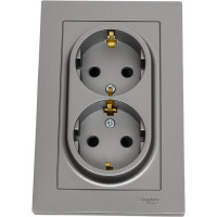 Розетка Systeme Electric AtlasDesign Сталь с/з двойная, со шторками, 16А, в сборе SE ATN000926
