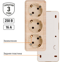 Горизонтальная 3-х местная розетка TDM ELECTRIC 2П+3 открытой установки IP20 16A сосна Ладога SQ1801-0426