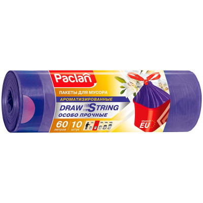 Мешки для мусора Paclan с тесьмой фиолетовые Aroma (10 шт; 60 л; ПНД) 42213691 403142